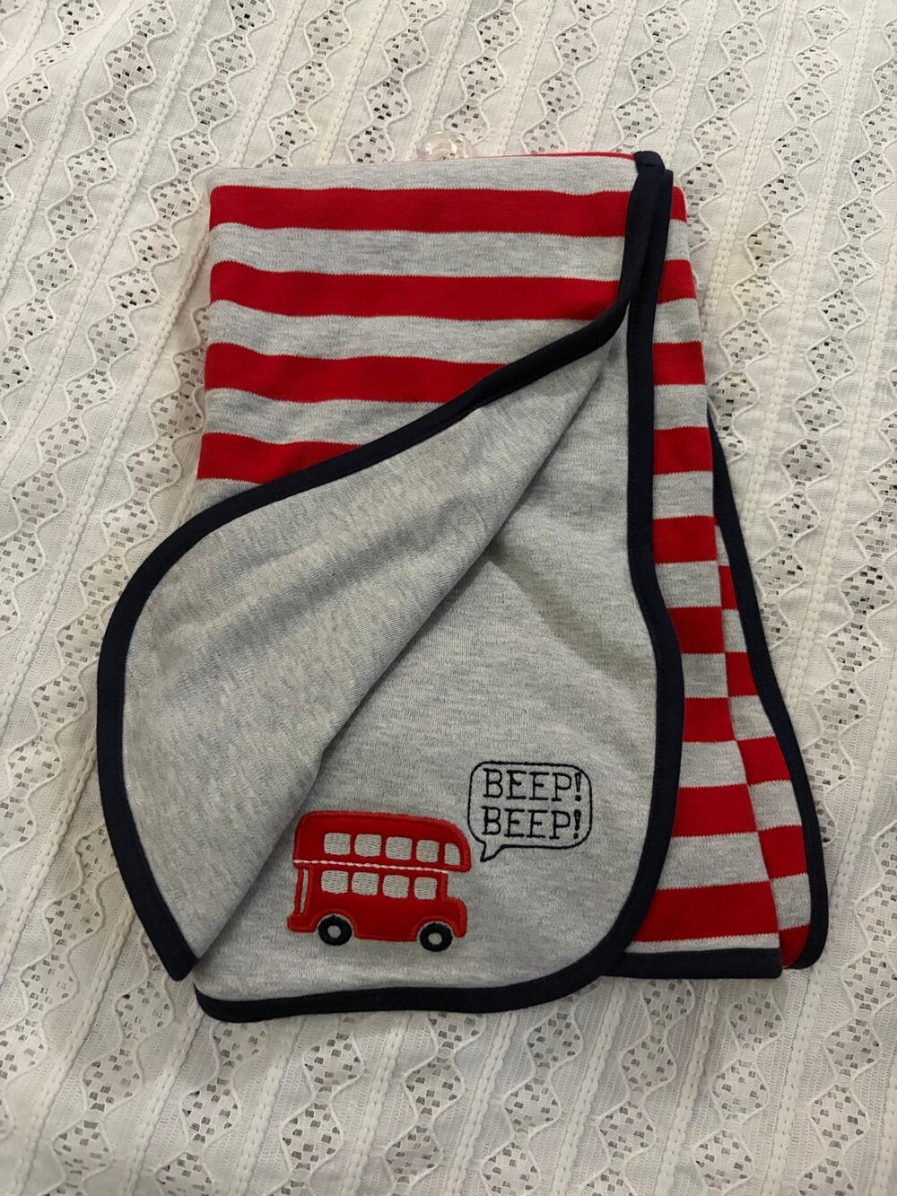 NWT Carter's Just One You Baby Blanket Reversible Red Gray Stripe Bus 28x32